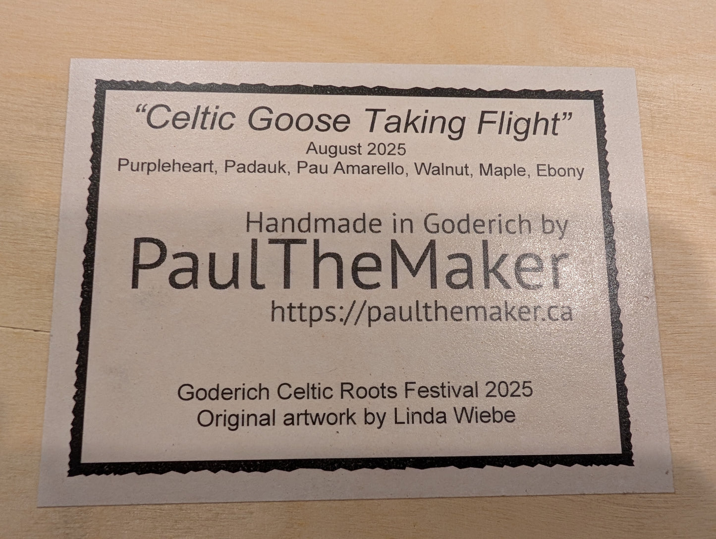 Goderich Celtic Roots Festival 2025 'Celtic Goose Taking Flight' Intarsia Artwork
