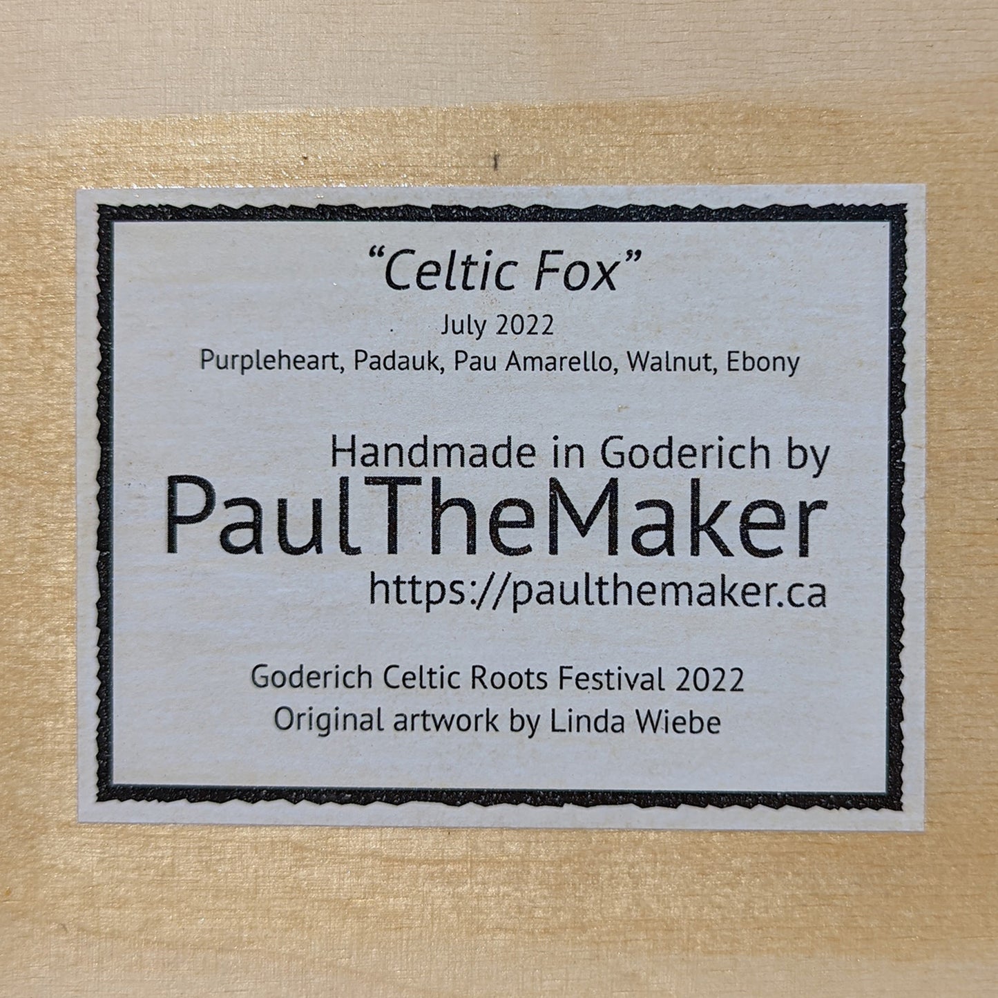 Goderich Celtic Roots Festival 2022 'Celtic Fox' Intarsia Artwork